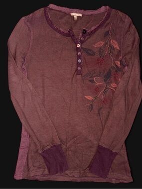 Miss Me Plum Long Sleeve Henley Top with Floral Embroidery